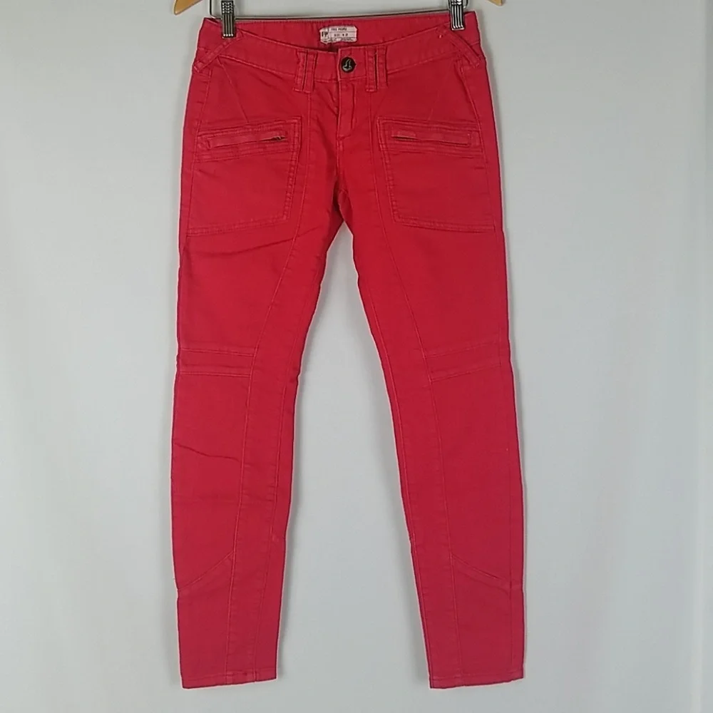 Free‎ People women 27 moto red utility skinny jeans denim minimalist Preppy